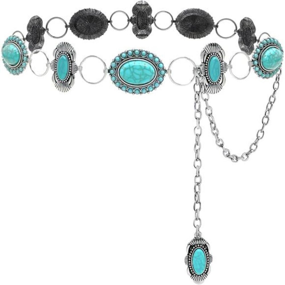 Turquoise Concho Belt for Women Silver Western Chain Belt, Cowgirl Country belt - Picture 2 of 8
